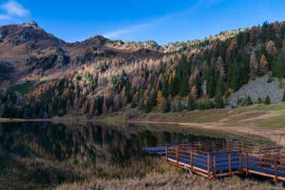 Scenic view of lake and mountains against sky