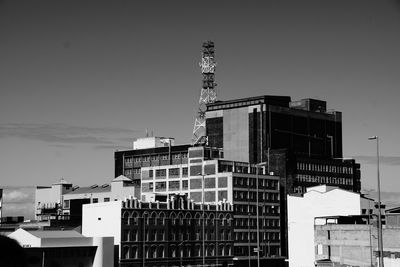 Low angle view of buildings against clear sky