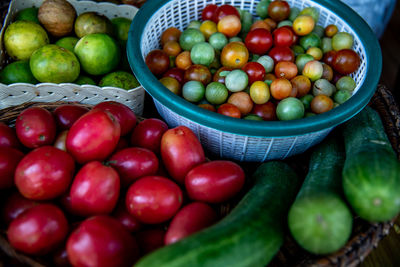 High angle view of fruits in basket at market