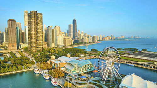 High angle view of city at waterfront