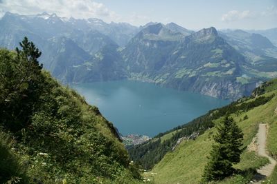 Scenic view of lake and mountains against sky