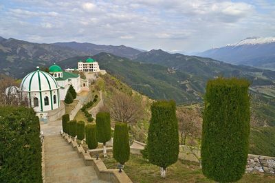 Panoramic view of temple against building