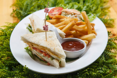 Close-up of food served on table