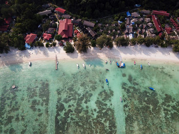 People in swimming pool by sea
