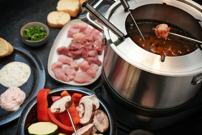 High angle view of food on barbecue grill