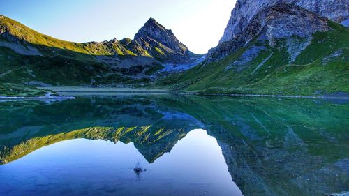 Scenic view of lake and mountains against sky