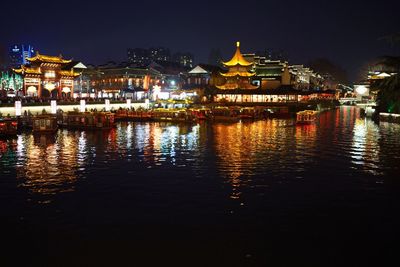 Reflection of illuminated buildings in water