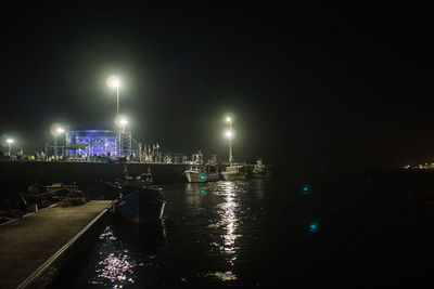 Boats moored at night