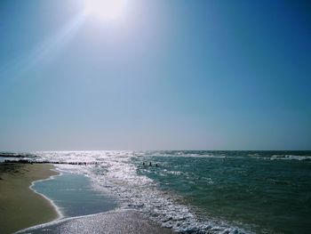 Scenic view of sea against clear sky on sunny day