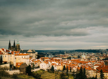 High angle shot of townscape against sky