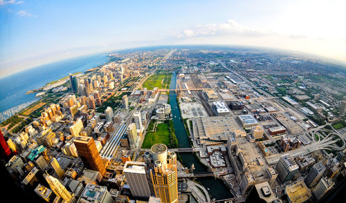 High angle view of city buildings