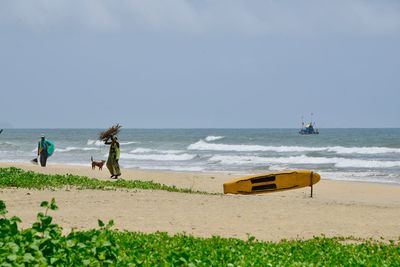 People cleaning beach against clear sky