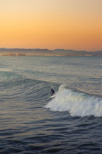 Surfer in motion on wave at sunset