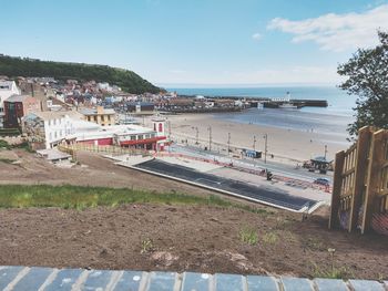 Scenic view of sea by buildings against sky