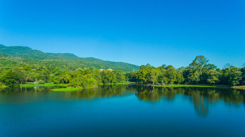 Scenic view of lake against clear blue sky