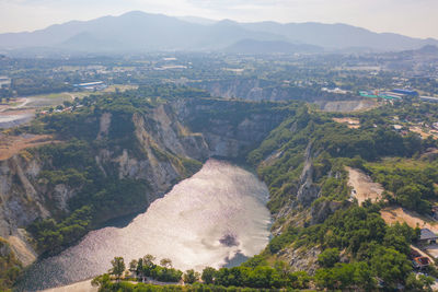 High angle view of landscape and mountains