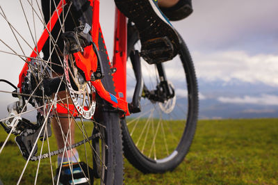 Rear view of a mountain bike. brake disc and rear suspension in focus. view of bicycle components