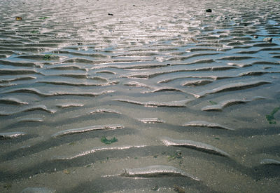 High angle view of wet sand on beach