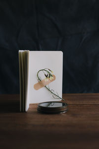 Flower with a band aid in a notebook and next to it a compass