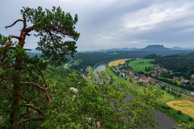 High angle view of trees on landscape against sky