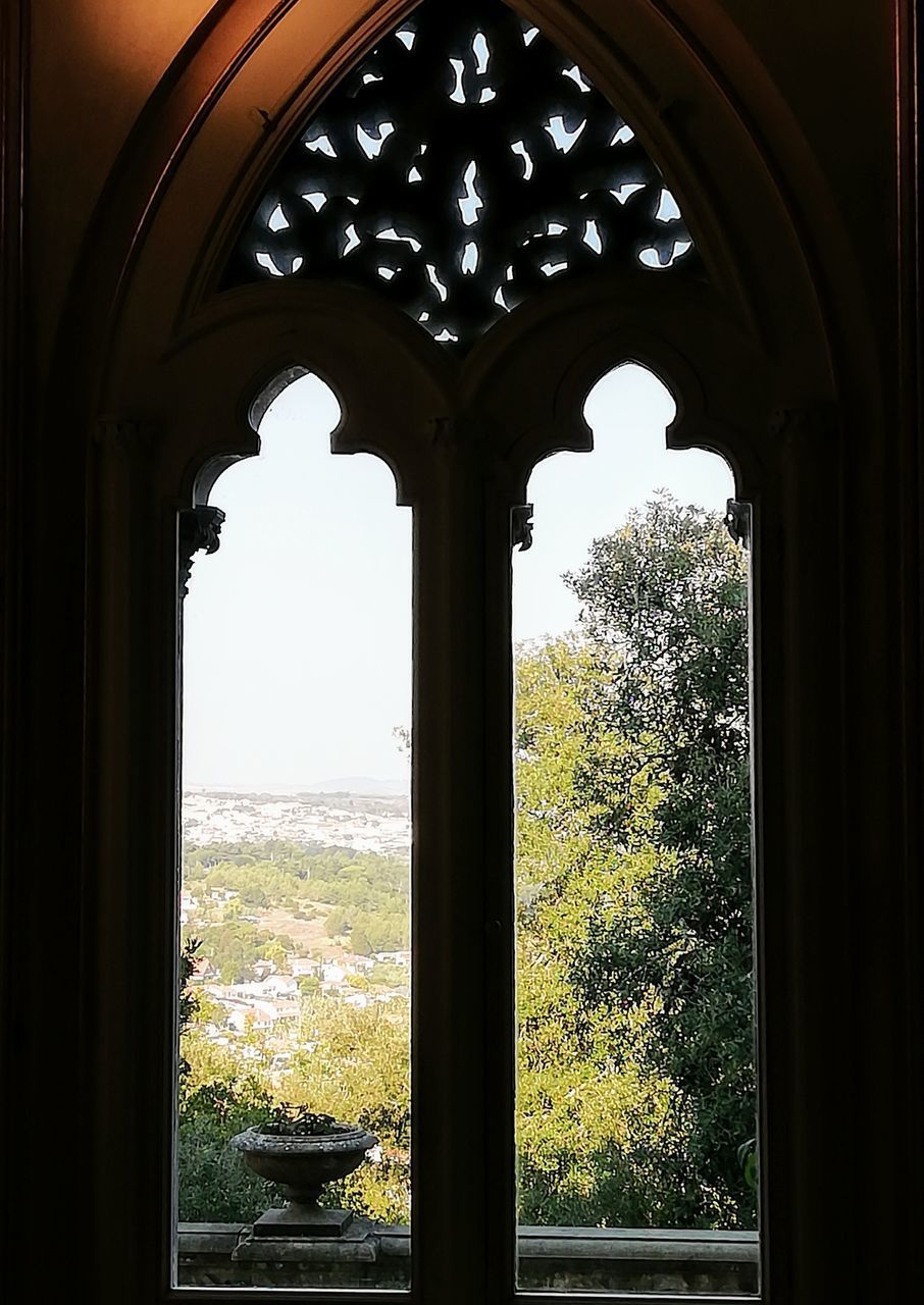 TREES SEEN THROUGH ARCH WINDOW OF HISTORIC BUILDING