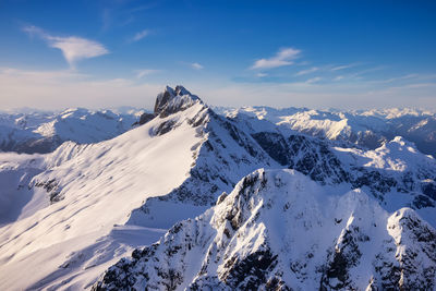 Scenic view of snow covered mountains against sky