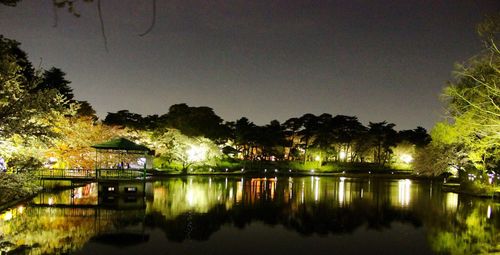 Scenic view of lake against clear sky at night