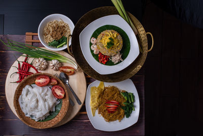 High angle view of food served on table