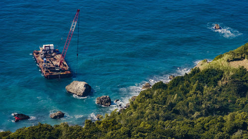 High angle view of ship on sea