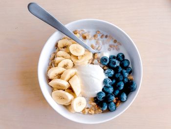 High angle view of breakfast served in bowl on table