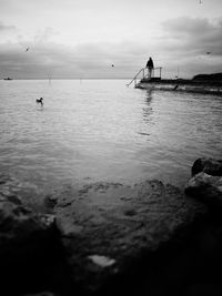 Silhouette people on beach against sky