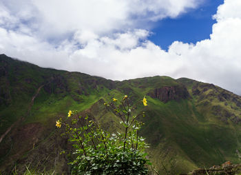 Scenic view of mountain against cloudy sky