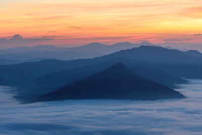 Scenic view of cloudscape and mountains during sunset