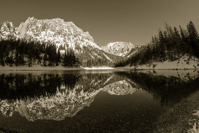 Scenic view of lake by trees against sky