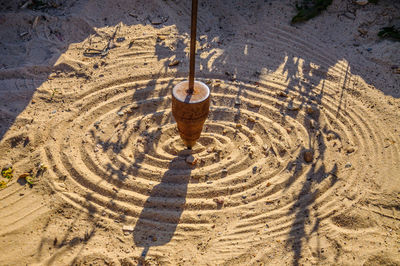 High angle view of carving on sand