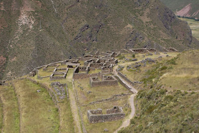 High angle view of old ruin on mountain