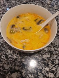 High angle view of soup in bowl on table