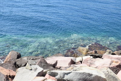 High angle view of rocks on beach