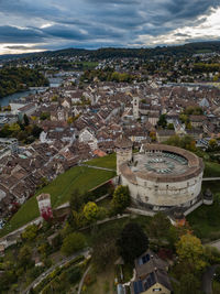 High angle view of town against sky