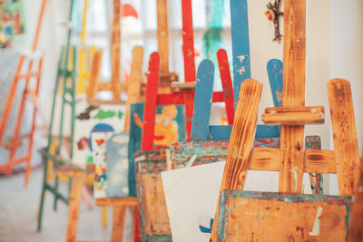 Close-up of easels in studio