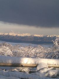 Scenic view of snow covered mountain against sky