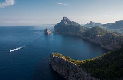 Scenic view of sea and mountains against sky