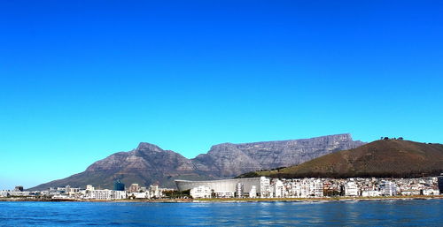 Scenic view of sea and mountains against clear blue sky