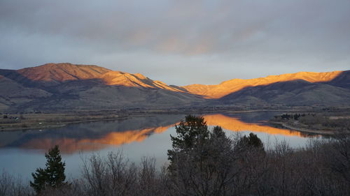 Scenic view of lake against cloudy sky