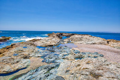 Rocks on beach against blue sky