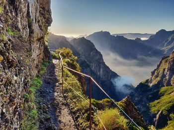 High angle view of panoramic shot of hiking path and mountains against sky