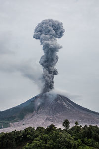 Smoke emitting from volcanic mountain against sky