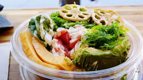 Close-up of salad in bowl on table