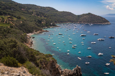 High angle view of bay and sea against sky