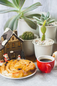 Close-up of breakfast served on table